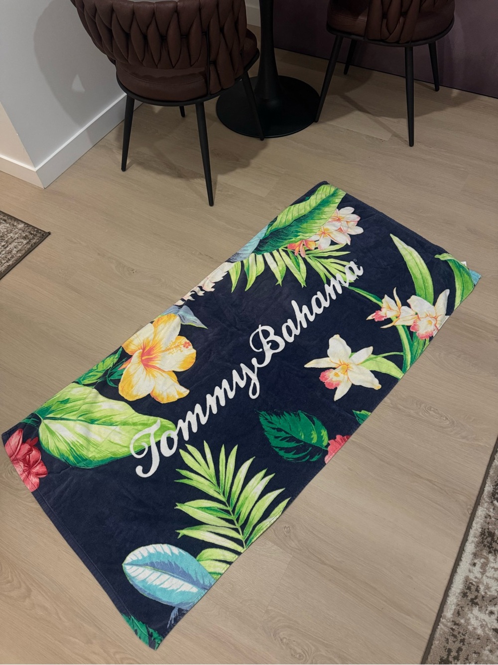 Tommy Bahama Navy Tropical Floral Beach Towel with Green Accents